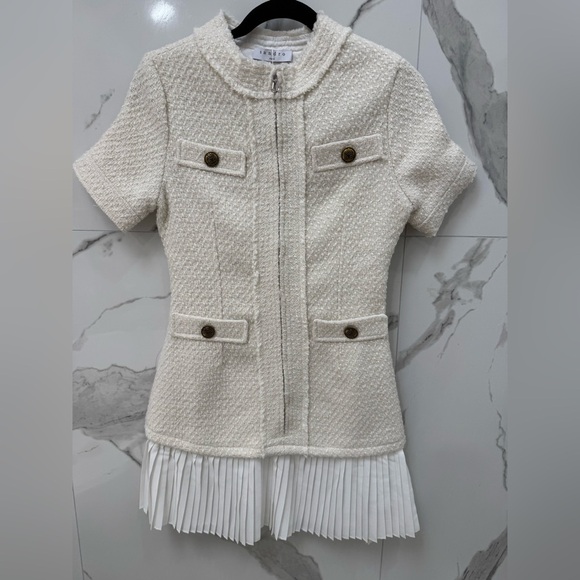 SANDRO NWT Cream Tweed Short-Sleeve Mini Dress - Picture 1 of 8